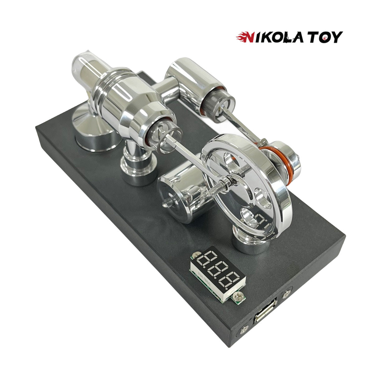 Mirror polished Stirling engine with embedded voltmeter and USB plug - Nikola Toy