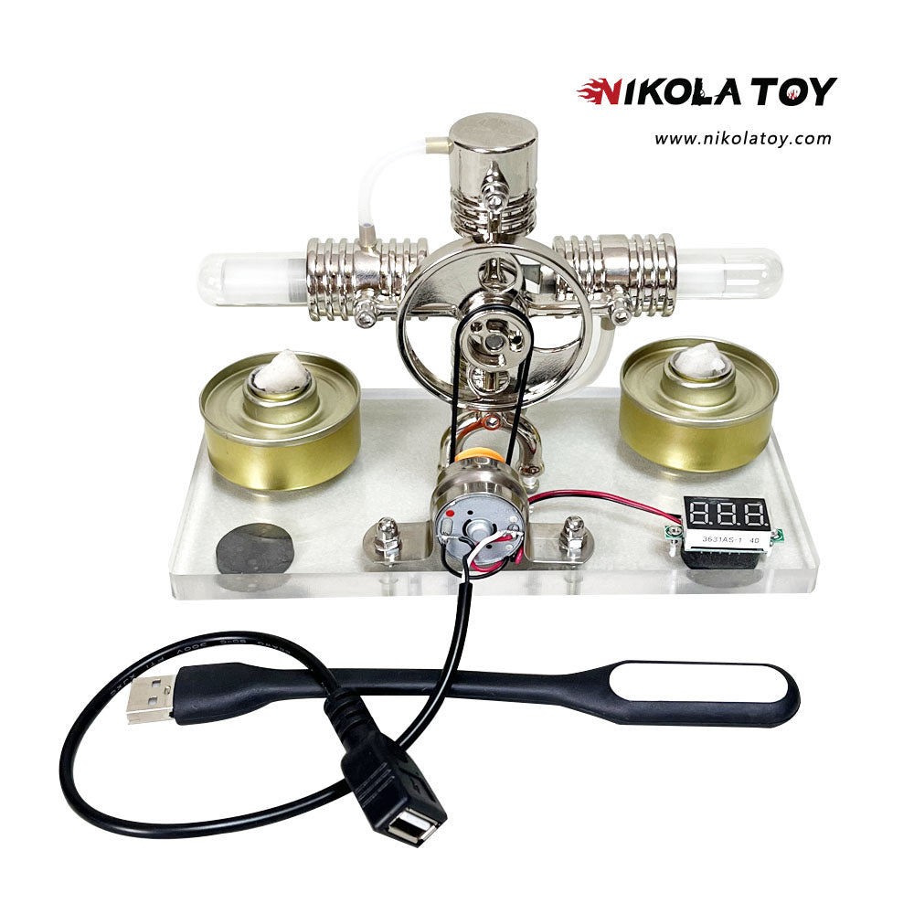 Cross twin Stirling engine+power generation device+voltmeter+LED - Nikola Toy